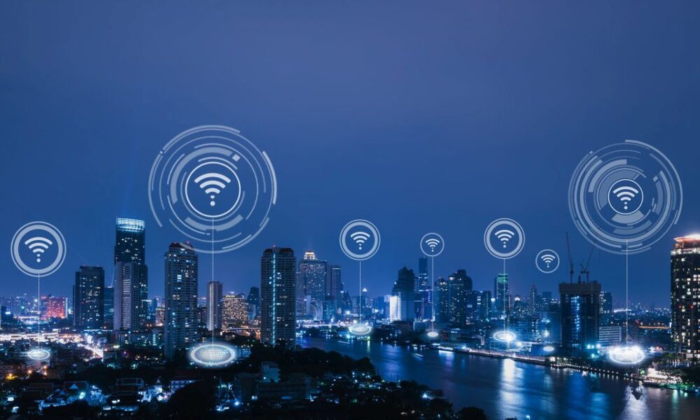 Cityscape with connecting dot technology of smart city conceptual