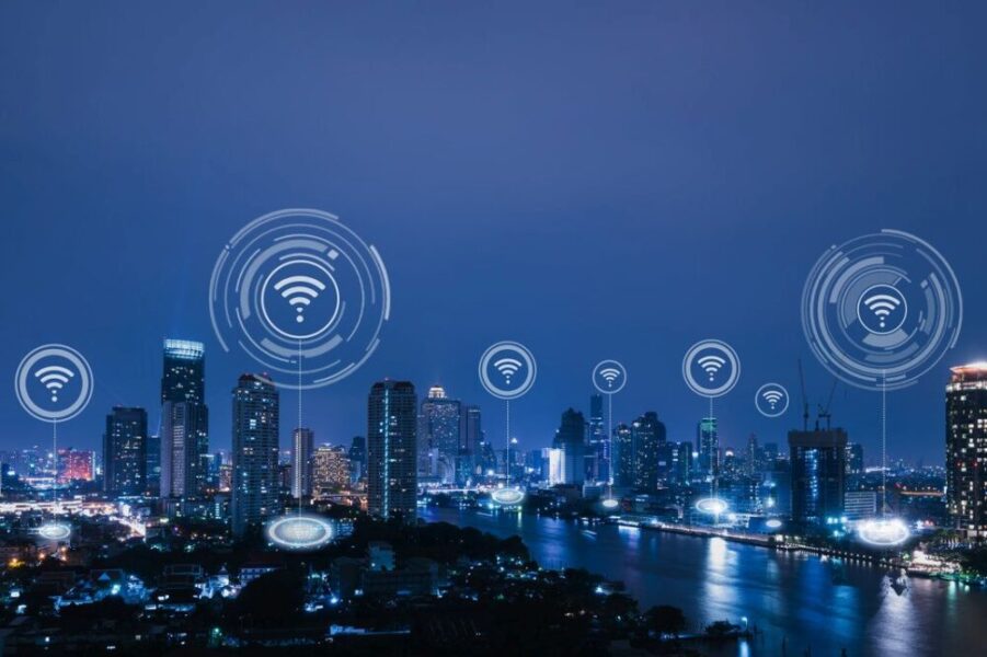 Cityscape with connecting dot technology of smart city conceptual